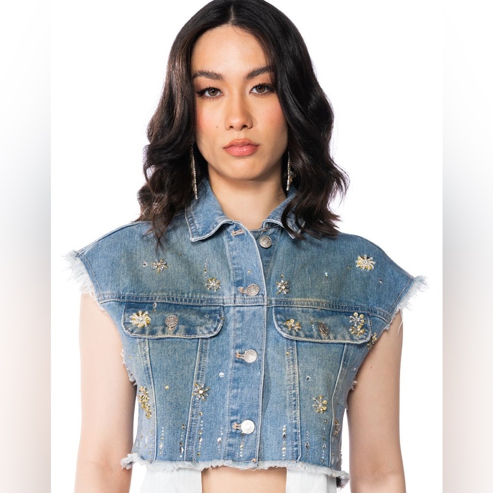 AKIRA Label Y2K Embellished Denim Crop Vest size Large